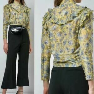 Robert Rodriguez $250 Yellow Cotton Silk Blend Floral Shirt sz 6 EUC